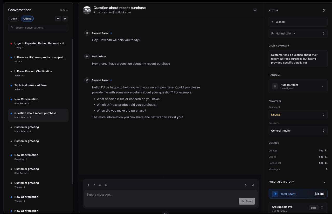 ArcSupport real-time conversation management interface displaying live chat history, customer profile details, AI-powered response suggestions, sentiment indicators, and support workflow tools for multi-organization customer service