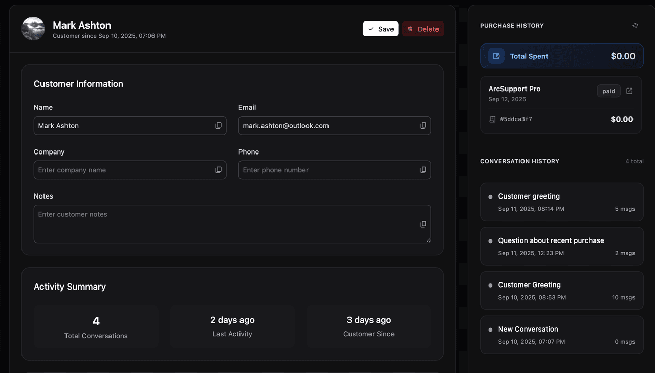 ArcSupport comprehensive customer management interface displaying detailed customer profiles, purchase history, conversation activity timeline, sentiment trends, and integration with Polar.sh subscription data